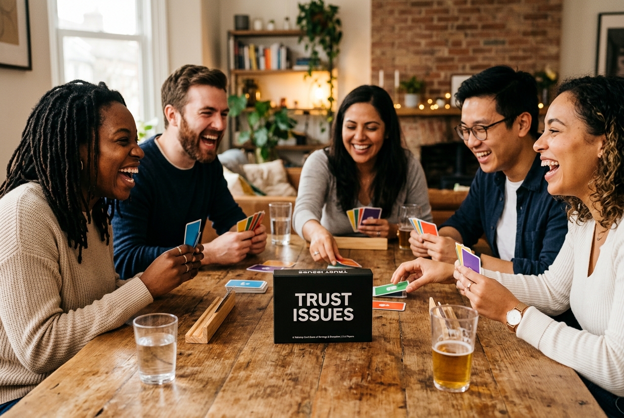 Friends playing Trust Issues board game